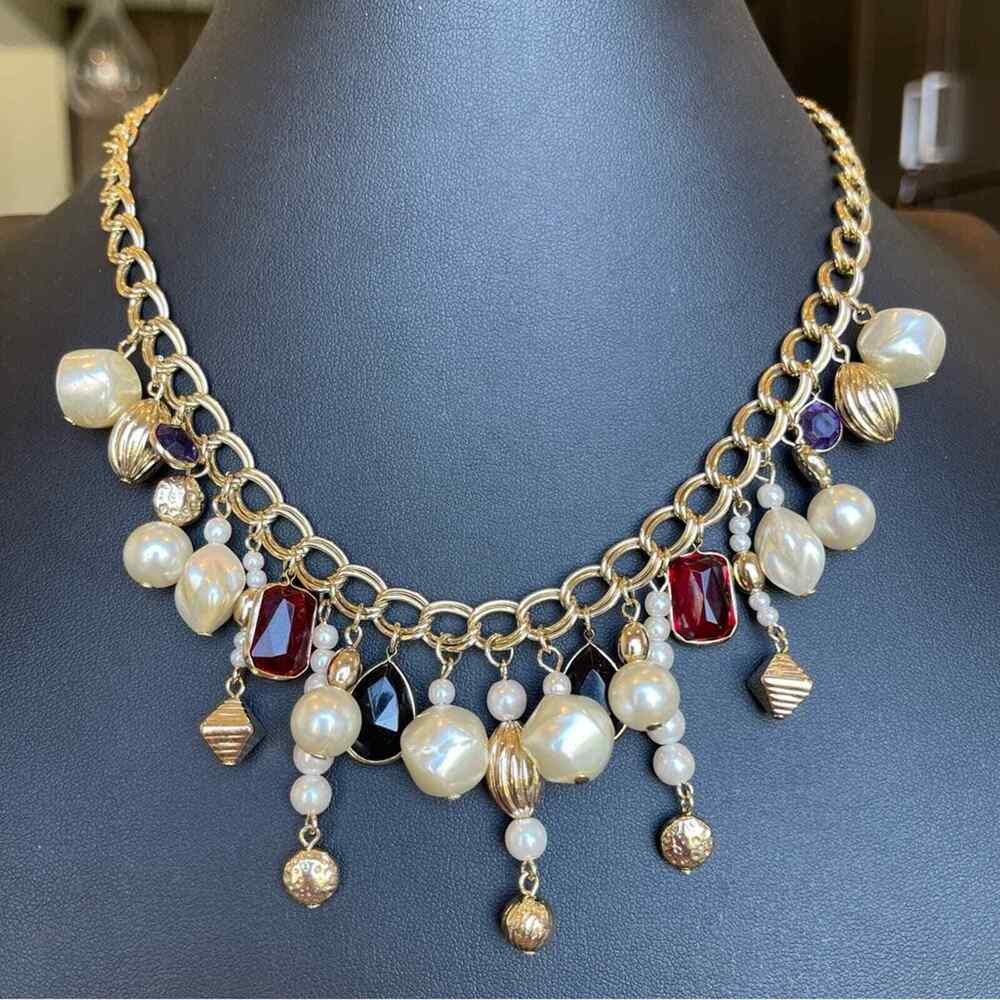 Vintage Signed Korea Oval Link Gold Tone Necklace Dangle Faux Pearls 17”
